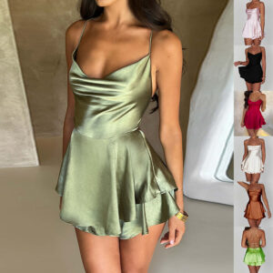 Elegant Slim Strap Satin  Short Dress Lady