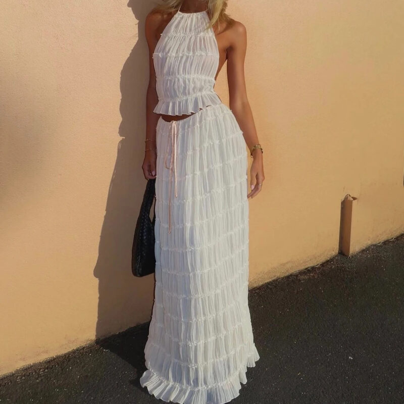 Sleeveless Backless Cropped Halter Top And Pleated Long Skirt - Image 8
