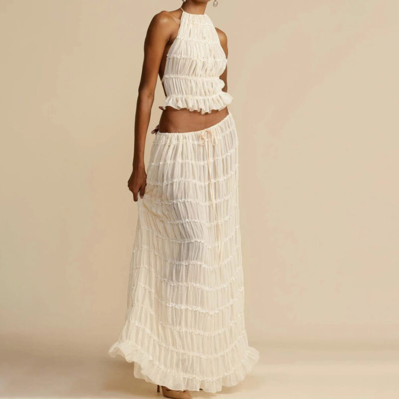 Sleeveless Backless Cropped Halter Top And Pleated Long Skirt - Image 6