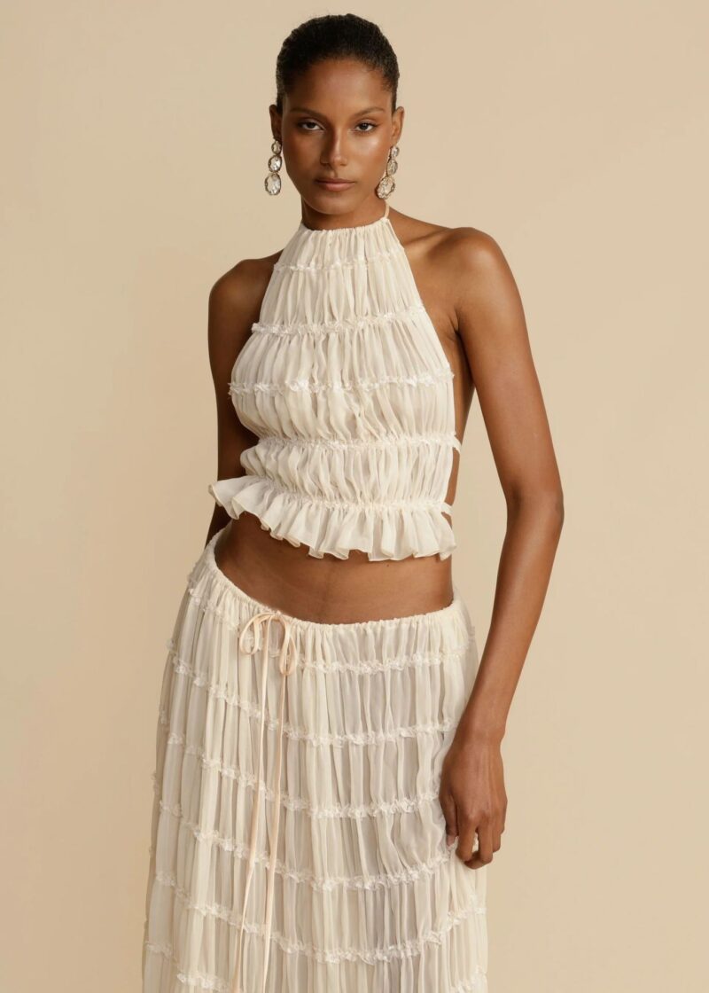 Sleeveless Backless Cropped Halter Top And Pleated Long Skirt - Image 5
