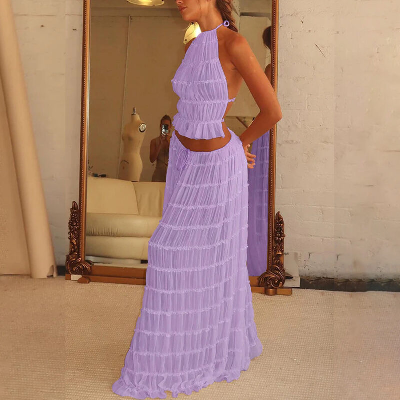 Sleeveless Backless Cropped Halter Top And Pleated Long Skirt - Image 4